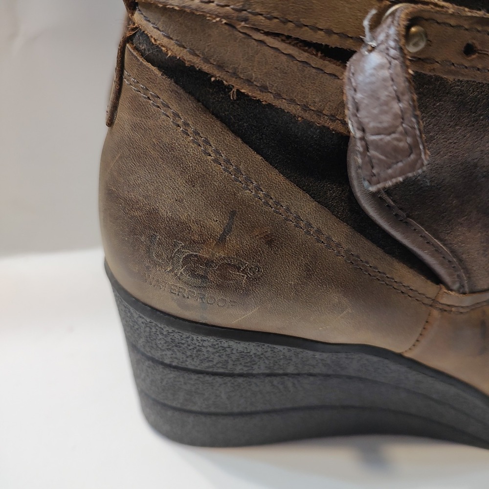 UGG Womens Sz 7 EMALIE Stout Waterproof Brown Leather Ankle Boots Wedge Heel - Picture 2 of 10